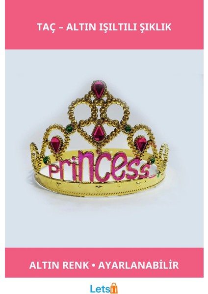 Altın Renk Prenses Yazılı Taç Yetişkin ve Çocuk Uyumludur