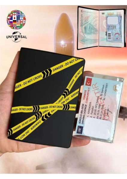 Do Not Cross Desenli Pürüzsüz Yüzey Deri Pasaport Kılıfı Kabı Tüm Ülke Pasaportlarına Uygun