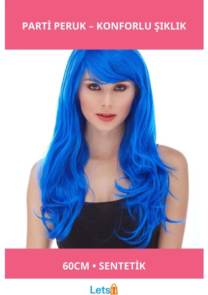 Mavi Renk 60 cm Uzun Sentetik Parti Peruğu