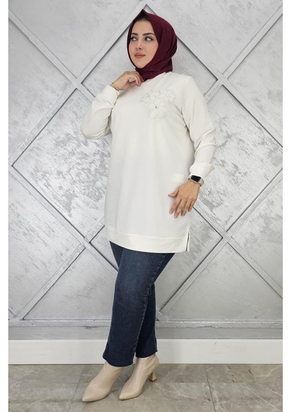 Kadın Dikme Çiçek Detaylı Tesettür Tunik