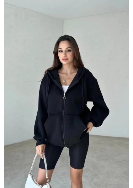Kadın 3 Iplik Oversize Kapüşonlu Fermuarlı Hırka Sweatshirt