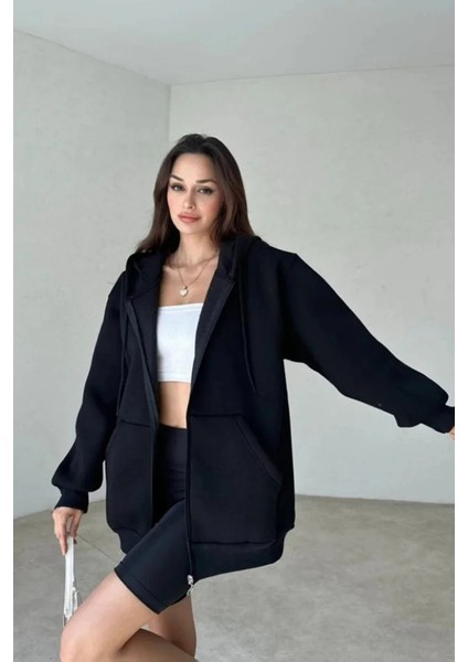 Kadın 3 Iplik Oversize Kapüşonlu Fermuarlı Hırka Sweatshirt modelleri