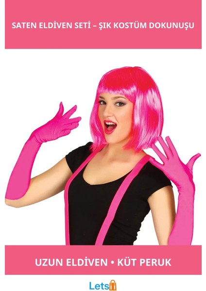 Fuşya Renk Saten Uzun Eldiven Küt Parti Peruğu