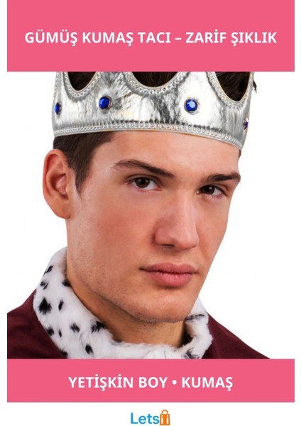 Gümüş Renk Kumaş Malzeme Yetişkin Boy Kral Tacı