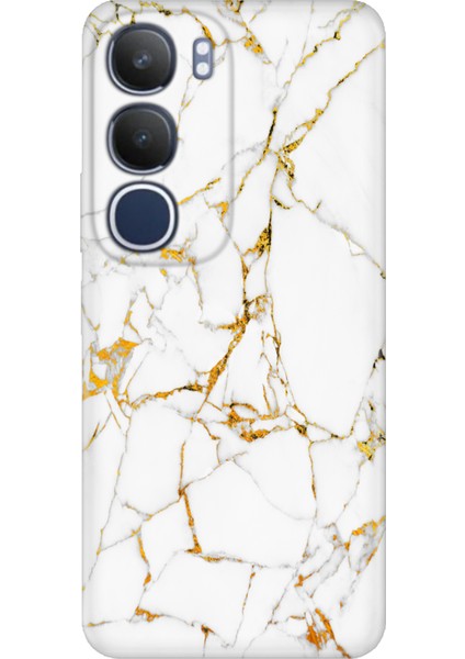 Vivo Y19S Kılıf Dekoratif Silikon Baskılı VIVO-Y19S Kapak Sarı Beyaz Mermer