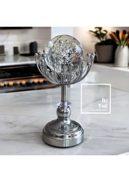 Brajan 77-1 Kristal Cam Küreli Gümüş Obje, Dekoratif Biblo, Lüks Ev Ofis Masaüstü Hediyelik