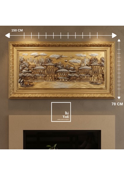 Lisandro 150 cm Altın Varak Çerçeveli Osmanlı Tarzı Rölyef Kabartma Tablo Yalı Manzaralı