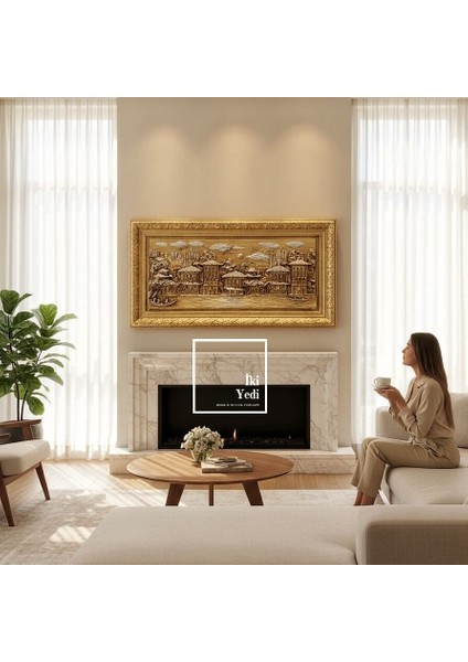 Lisandro 150 cm Altın Varak Çerçeveli Osmanlı Tarzı Rölyef Kabartma Tablo Yalı Manzaralı fiyatları