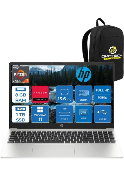 255 G10 3Z6G3ES Ryzen 7 7730U 8 GB Ram 1 Tb Nvm SSD 15.6" Fhd WİN11 Pro Notebook +Okatech Çanta