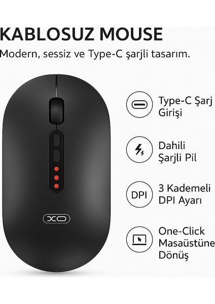 M13 Kablosuz Mouse – Sessiz, Type-C Şarjlı 3 Kademeli Dpı Ayarlı Ergonomik Tasarım Aerodinamik Mouse