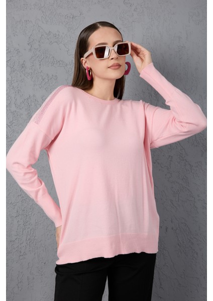 Kadın Pudra Omuzları Taş Detaylı Geniş Manşetli Bisiklet Yaka Triko Bluz