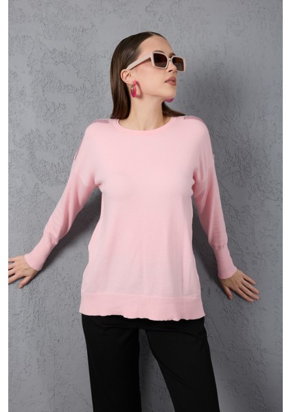 Kadın Pudra Omuzları Taş Detaylı Geniş Manşetli Bisiklet Yaka Triko Bluz modelleri