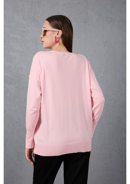 Kadın Pudra Omuzları Taş Detaylı Geniş Manşetli Bisiklet Yaka Triko Bluz