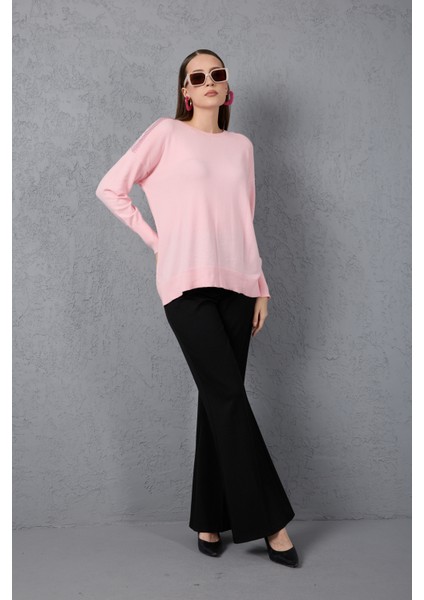 Kadın Pudra Omuzları Taş Detaylı Geniş Manşetli Bisiklet Yaka Triko Bluz