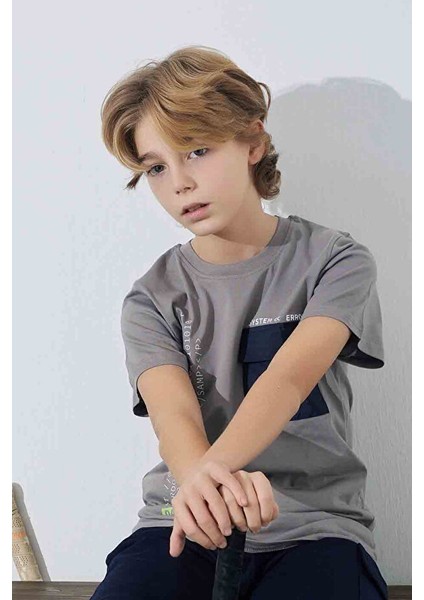 Erkek Çocuk Sportswear Cepli T-Shirt Sweatshirt Alt Bisiklet Yaka Orta Kalın Pijama TAKIMI-3962