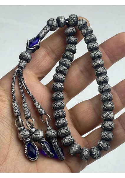 Trabzon El Işçiliği Kazaz Tesbih - Oksit Kaplama, 1000 Ayar Gümüş, Doğal ve Zarif 44 Gram 23 cm