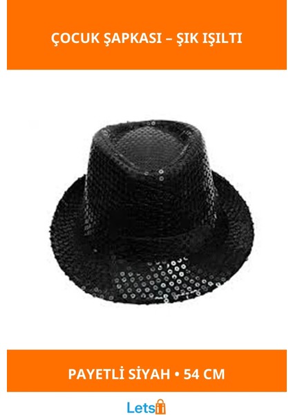 Siyah Fötr Çocuk Şapkası 54 cm Payetli
