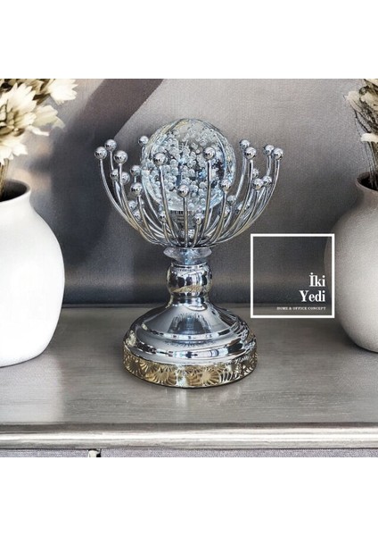 Brajan 77-2 Gümüş Metal Kristal Küre Obje, Cam Dekoratif Biblo, Lüks Ev Ofis Hediyelik Aksesuar
