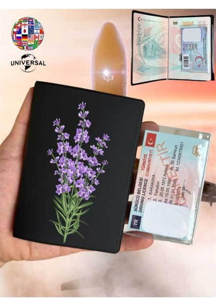 Lavanta Desenli Pürüzsüz Yüzey Deri Pasaport Kılıfı Kabı Tüm Ülke Pasaportlarına Uygun