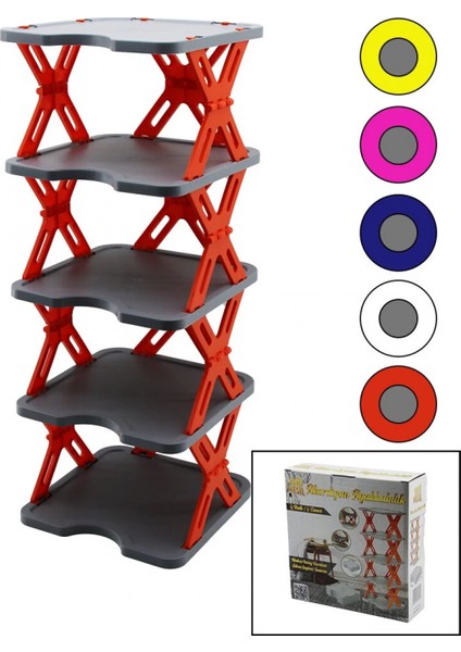 Yeni Nesil Akordiyon - Katlanır - 5 Katlı Plastik Ayakkabılık Gri TABAN-27X27CM - Renkli Ayaklar (K95)