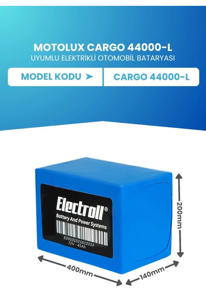 Motolux Cargo 44000-L Uyumlu Batarya Lifepo4 72V 45AH Elektrikli Motorsiklet Bataryası fiyatları