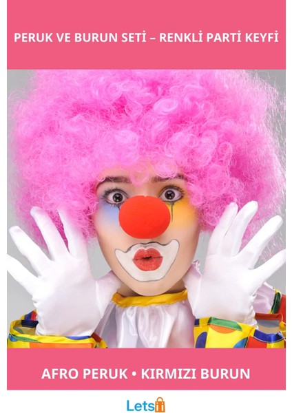 Pembe Renk Kıvırcık Bonus Peruk ile Kırmızı Burun Seti