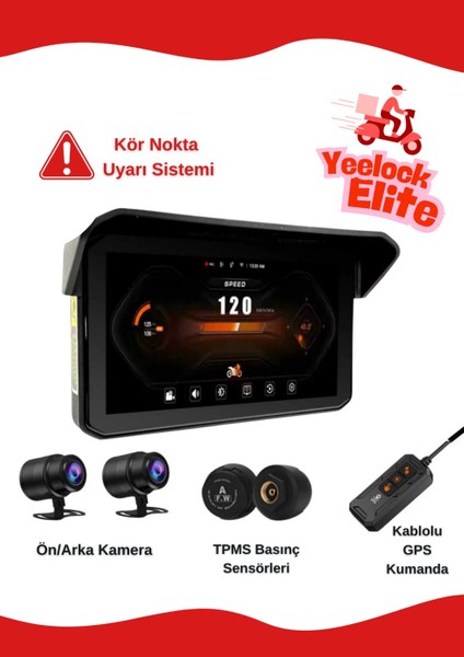 Yeelock Elite – 6.25'' Kör Nokta Uyarılı Lastik Basınç Sensörlü Full Hd Motosiklet Çift Kayıt ve Navigasyon Sistemi fiyatları
