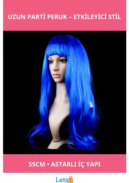 Mavi Renk Uzun Parti Peruğu 55 cm