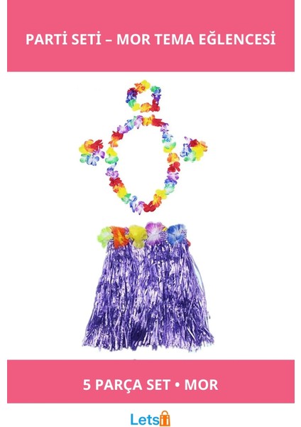 Mor Hawaii Kolye Etek Taç Bileklik Seti Çiçekli 5 Parça