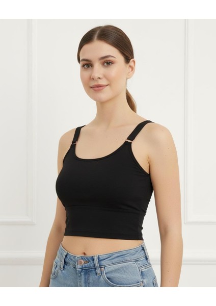 Basic Siyah Crop Bustiyer Yuvarlak Yaka Sırtı Çapraz Askılı Metal Detaylı