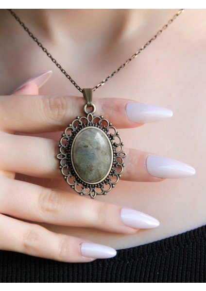 Doğal Taş Labradorit Doğal Taşlı Otantik Kadın Kolye 45 cm Zincirli EUK13LBT