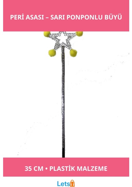 Yıldız Peri Asası Sihirli Değnek Sarı Ponponlu 35 cm Kostüm Aksesuarı