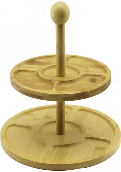 5 Bölmeli - Yuvarlak - 2 Katlı Ahşap Bambu Sunumluk Çap: 19.5cm -- 24.5cm (K95)