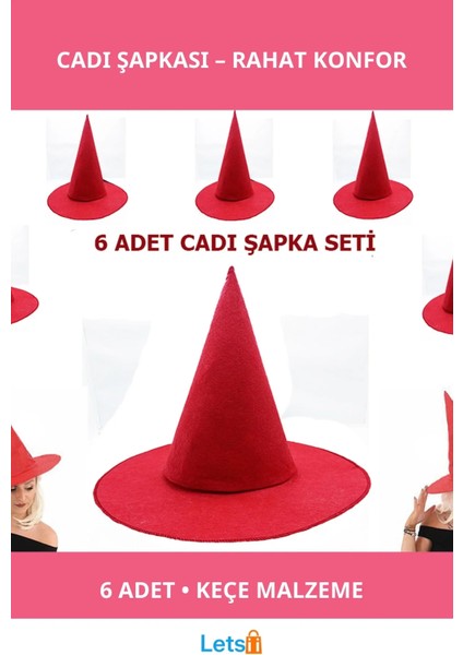 Kırmızı Keçe Cadı Şapkası Yetişkin ve Çocuklar Için 6'lı