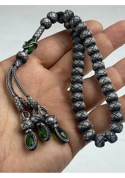 Trabzon El Işçiliği Kazaz Tesbih - Oksit Kaplama, 1000 Ayar Gümüş, Doğal ve Zarif 45 Gram 23 cm