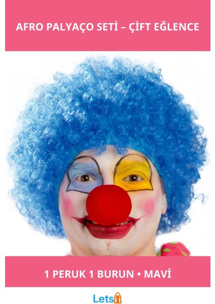 Mavi Renk Kıvırcık Afro Palyaço Peruk ve Burun Seti