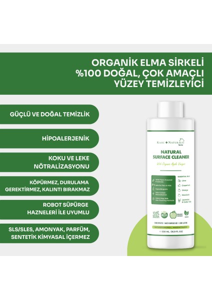 Organik Elma Sirkeli %100 Doğal Çok Amaçlı Yüzey Temizleyici , Konsantre, Vegan, Çevre Dostu, 500 ml