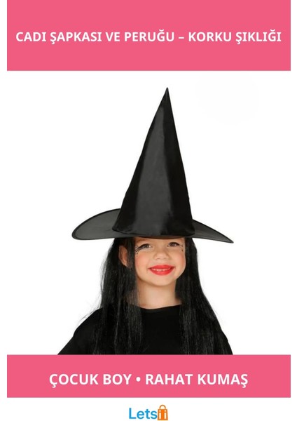 Çocuk Boy Siyah Cadı Şapkası ve Uzun Siyah Cadı Peruğu