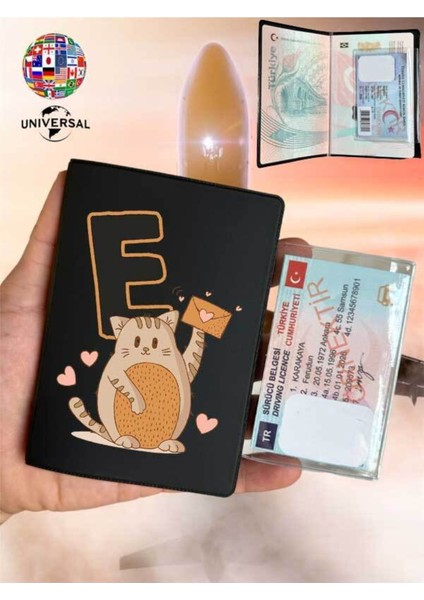 Kedili E Harfi Desenli Pürüzsüz Yüzey Deri Pasaport Kılıfı Kabı Tüm Ülke Pasaportlarına Uygun