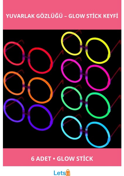 Glow Stick Yuvarlak Parti Gözlüğü 6'lı Set