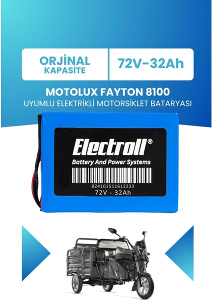Motolux Fayton 8100 Uyumlu Batarya Lifepo4 72V 32AH Elektrikli Motorsiklet Bataryası