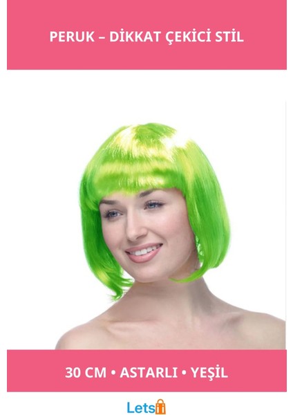 Yeşil Renk Parti Peruk 30 cm Sentetik Saç