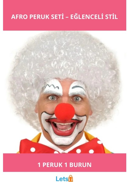 Beyaz Kıvırcık Afro Peruk ve Kırmızı Sünger Burun Kostüm Aksesuarı