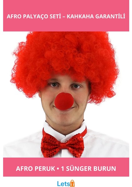 Kırmızı Renk Kıvırcık Afro Palyaço Peruk ve Burun Seti