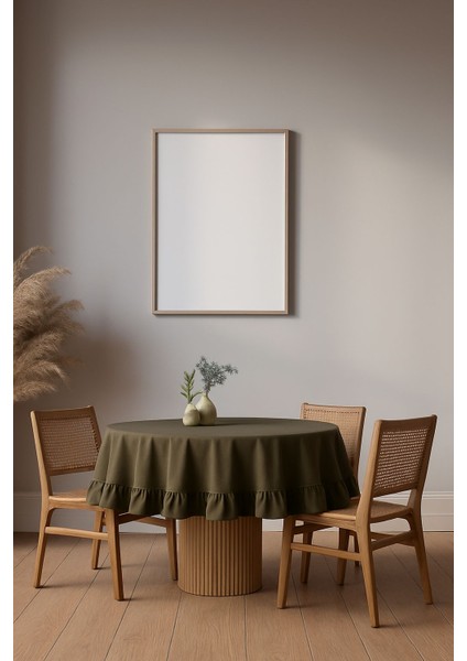 Buldan Pamuklu Keten Yuvarlak Fırfırlı Masa Örtüsü