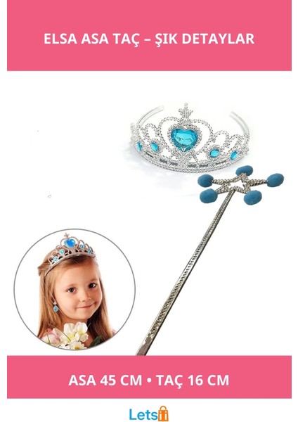 Mavi Ponponlu Elsa Asası ve Kalp Taşlı Elsa Tacı