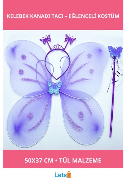 Lila Renk Kelebek Kanadı Tacı ve Sopası Parti Aksesuarı