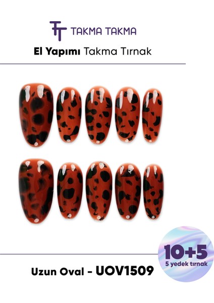 15'li Kahverengi Uzun Oval UOV1509 10'lu Tekrar Kullanılabilir El Yapımı Protez Takma Tırnak - Kahverengi-S