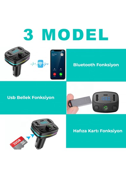Rgb Fm Transmitter Bluetooth V5.0 Bağlatısı Sd Kart Flash Bellek Destekli Type-C USB Şarj Girişi fiyatları