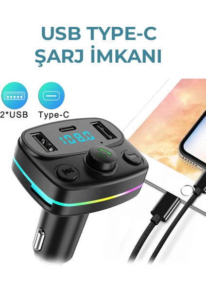 Rgb Fm Transmitter Bluetooth V5.0 Bağlatısı Sd Kart Flash Bellek Destekli Type-C USB Şarj Girişi modelleri